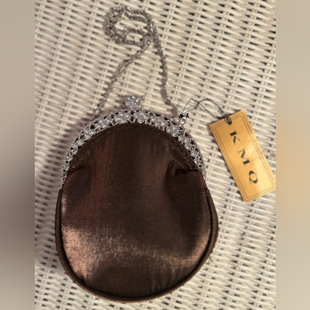 NWT KMQ Rhinestone Frame Satin Evening Clutch Brown Formal Bag